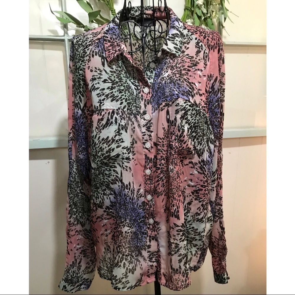 Jeans By Buffalo Animal Print Bursts Sheer Button Down Blouse